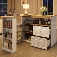 MODFU , mobiletto da cucina girevole a 360° con 2 cassetti e ripiano per snack, mobile da cucina con ripiano aperto e vetro curvo, bianco