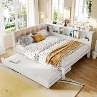 MODFU divano letto 140x200 con letto estraibile, struttura letto in legno con striscia LED oscurabile e connessione USB, senza materasso, letto per ragazzi con pratico ripiano, Bianco