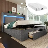 MODFU Letto imbottito 160x200 Letto matrimoniale con contenitore e testiera con vano portaoggetti, rete a doghe in legno con illuminazione a LED e connessione USB e USB-C, con materasso, grigio