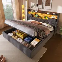 Flieks Letto imbottito idraulico 140x190 cm con USB e Type-C, letto matrimoniale boxspring con LED, letto per ragazzi con contenitore e cassetti, tessuto, grigio