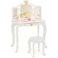 Costway Set da toilette per bambini con specchio illuminato, toilette da principessa con triplo specchio, luminosità regolabile Bianco
