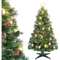 Costway Albero di Natale artificiale da 150 cm con pigne, lampade a paraffina e bacche rosse, albero di Natale con LED, 8 modalità, vetroresina e cima a stella, verde