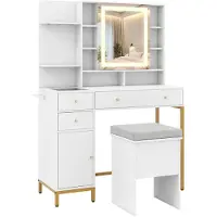 Costway Tavolino da toilette con specchio LED e luci a 3 colori, tavolino da toilette con sgabello, stazione di ricarica, cassetti e ripiani aperti, tavolino cosmetico bianco