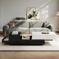 Sweiko Tavolino 100x50x38cm lucido, tavolino da salotto con 1 cassetto, tavolino con piano scorrevole, tavolino geometrico, tavolino con cuciture in bianco e nero, ampio spazio di archiviazione