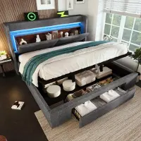 MODFU Letto imbottito 160x200 Letto matrimoniale con contenitore e testiera con vano portaoggetti, rete a doghe in legno con illuminazione a LED e connessione USB e USB-C, senza materasso, grigio