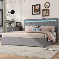OKWISH Letto imbottito 180x200 con illuminazione a LED e porta di ricarica USB e Type-C, letto idraulico con contenitore (senza materasso) Grigio