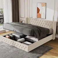 MODFU Letto matrimoniale imbottito 160 x 200 cm, letto a scomparsa idraulico con rete a doghe e contenitore, doppia fila di rivetti in flanella, beige (senza materasso)