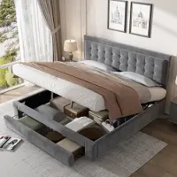 STILVORA Letto imbottito 180x200 cm con contenitore, letto matrimoniale dotato di vani portaoggetti e cassetti, con rete a doghe e testiera, grigio (senza materasso)
