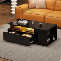 Merax Tavolino 100x50x35cm con 9 scomparti e 2 cassetti, tavolino illuminato a LED con controllo tramite app, tavolino da salotto lucido con vano portaoggetti, nero moderno