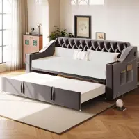 OKWISH Divano letto 90/180x190 Divano imbottito con letto estraibile, ampio bracciolo imbottito e porta USB, letto singolo senza materasso con rete, grigio scuro