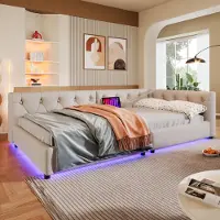 OKWISH daybed 90x200 con rete a doghe, struttura letto con strisce luminose a LED e USB+tipo-c, daybed letto in legno con asola, letto per ragazzi con telecomando, beige