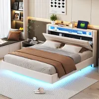OKWISH Letto imbottito 160x200 cm con porta USB e illuminazione LED, letto matrimoniale funzionale con testiera contenitore (senza materasso) - grigio