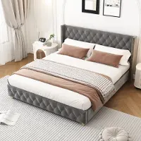 OKWISH Letto matrimoniale imbottito 160×200 cm con testiera a doghe, bottoni, rivetti, velluto, grigio, senza materasso