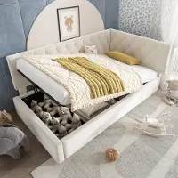 MODFU Letto imbottito 90x190 con contenitore idraulico, divano letto con cerniera in metallo, struttura letto in legno con rete a doghe, senza materasso, rosa