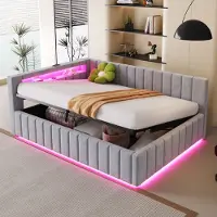 Flieks Letto imbottito idraulico 140x200cm con USB, divano letto da giorno con LED, letto matrimoniale per ragazzi con vano contenitore, velluto, grigio chiaro