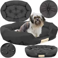 AIO Factory Cuccia per cani a forma di divano, 100 x 75 cm, spazio per il nome, lettiera, cuscini, divanetto, recinzione, ovale, nera