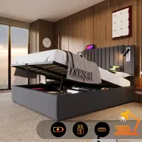 Flieks Letto imbottito 160x200cm con lampada da lettura, letto matrimoniale contenitore letto a molle con funzione di ricarica (USB, Tipo-C), letto per ragazzi con rete a doghe, cotone
