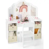 Costway Set tavolo e sedia da trucco per bambini, set da gioco per principesse 2 in 1 con 3 specchi rimovibili, bianco