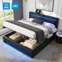OKWISH Letto imbottito 160x200, letto per bambini, letto matrimoniale con testata regolabile e porta di ricarica USB, contenitore con box (senza materasso) - nero