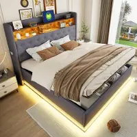 STILVORA Letto imbottito 180 x 200 cm, letto matrimoniale con porta USB e vano contenitore idraulico, letto per ragazzi, tessuto di lino, grigio (senza materasso)