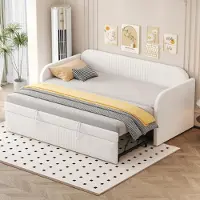 MODFU Divano letto divano letto 90/180x190 cm con griglia a doghe, letto in legno letto da giorno letto per bambini, tessuto di lino beige (senza materasso)