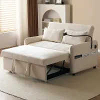 Merax Divano letto , divano letto pieghevole a 2 posti con funzione letto, schienale regolabile, porta di ricarica USB e porta cellulare, divano letto in ciniglia, divano, beige