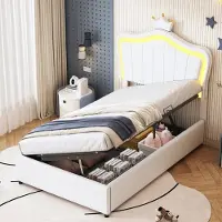 Flieks Letto imbottito 90x200cm con rete a doghe, letto per ragazzi con led, letto singolo con cornice, letto contenitore idraulico, PU, bianco