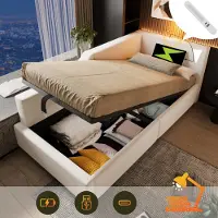 MODFU Divano letto 90 x 200 cm con contenitore idraulico, Letto per ragazzi con funzione di ricarica USB-C, Letto da giorno, Beige (senza materasso)