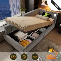 MODFU Letto pieghevole 90 x 200 cm con contenitore idraulico, Letto per ragazzi con funzione di ricarica USB-C, Letto da giorno, Grigio (senza materasso)