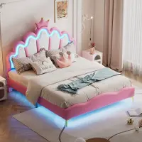 Merax Letto imbottito 140x200cm con LED, letto matrimoniale con testata a , letto per bambini piatto con testata regolabile in altezza, letto per ragazzi in Pelle finta, rosa