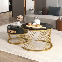 MODFU 2in1 Tavolini, tavolino con piano in marmo e cassetti, gambe in metallo dorato, nero + oro, design integrato