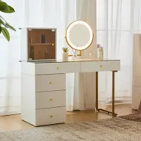Flieks Toeletta con specchio a LED, comò da trucco con 5 cassetti, toletta da parrucchiere con piano in vetro e armadio, bianco