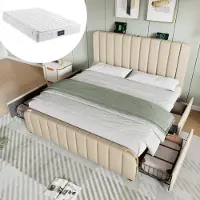 OKWISH letto imbottito letto matrimoniale 140 x 200 cm con testata imbottita con finiture dorate e funzione di ricarica USB type-C, letto contenitore funzionale con 4 cassetti (con materasso) - Beige