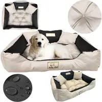 AIO Factory Cuccia per cani, divano impermeabile, 130 x 105 cm, spazio per il nome, lettiera, cuscini, divanetto, divano, recinto, beige