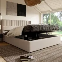 Merax Letto imbottito 140x200cm con rete senza piastra, letto matrimoniale idraulico con rete a doghe, letto da camera funzionale in lino, beige