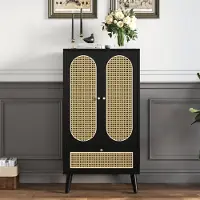 Merax Cassettiera con anta e cassetto in vimini rattan, credenza in legno, 60x40x110,5 cm, nero