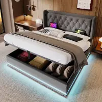 OKWISH Letto boxspring, letto imbottito 160 x 200 cm con testata con porta di ricarica USB e illuminazione LED, letto idraulico con contenitore e cassetto (senza materasso) - Grigio