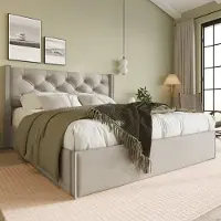 MODFU Letto matrimoniale con struttura a molle , imbottito, dimensioni 160x200 cm, con meccanismo idraulico, rete a doghe in metallo, senza materasso, colore grigio chiaro