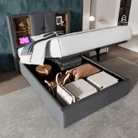 OKWISH letto a molle imbottite 90 x 200 cm con testata con vano contenitore e connessione di ricarica USB, letto contenitore idraulico con vano rete e illuminazione a LED (senza materasso) - grigio