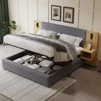 Flieks Letto imbottito 160x200cm con 2 comodini, letto matrimoniale con USB e luci, letto contenitore Letto idraulico con rete a doghe, velluto, grigio