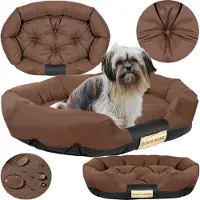 AIO Factory Cuccia per cani a forma di divano, 75 x 50 cm, spazio per il nome, lettiera, cuscini, divanetto, recinto, ovale, marrone