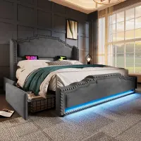 Flieks Letto imbottito 140x200cm con USB e Type-C, letto contenitore letto matrimoniale con 4 cassetti e LED, letto in legno letto giovanile con rete a doghe, velluto, grigio