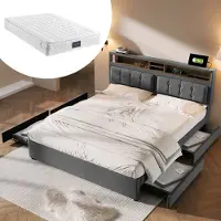 MODFU Letto imbottito , matrimoniale 140x200 cm, con 4 cassetti, dotato di porta USB e presa Type-C, contenitore per biancheria, struttura del letto (senza materasso), colore grigio