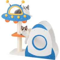 Costway Tiragraffi 87 cm, albero per gatti a tema spaziale, albero da arrampicata per gatti con piattaforma UFO, giocattoli, tiragraffi in sisal e casetta per gatti rocket blu