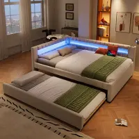 Flieks Letto imbottito 140x200cm con letto estraibile, divano letto daybed con funzione di carico e LED, letto giovanile letto matrimoniale daybed, lino, beige