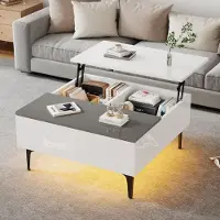 Ropilly Tavolino da caffè 70x70x35 cm, tavolino con altezza regolabile e spazio contenitivo, realizzato in MDF bianco e grigio, con piano lucido, cassetto e illuminazione LED RGB controllabile tramite app