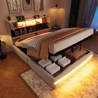 Merax Letto imbottito 140x200 cm, contenitore idraulico, striscia luminosa a LED con app, testata con ripiano e USB/Type-C, letto piano in lino, beige