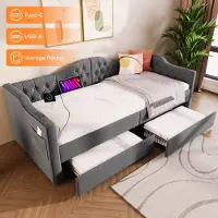 MODFU Divano letto 90x200 cm con rete a doghe e 2 cassetti, letto con contenitore e funzione di ricarica USB e Type-C, letto per bambini e ragazzi, grigio (senza materasso)