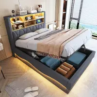 MODFU Letto matrimoniale 140×200 con griglia metallica, letto imbottito con striscia LED APP-driven e caricatore USB, letto con contenitore idraulico, senza materasso, grigio