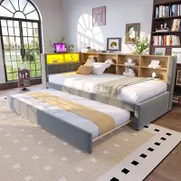 Flieks divano letto da giorno 90x200cm con letto estraibile, divano letto imbottito con funzione di ricarica e LED, letto singolo letto da giorno in legno, velluto, grigio scuro